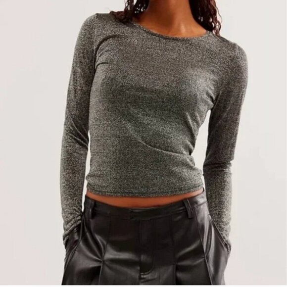 Free People Mesh So Well Layering Top Metallic Shimmer Black Top, Small - Picture 2 of 6